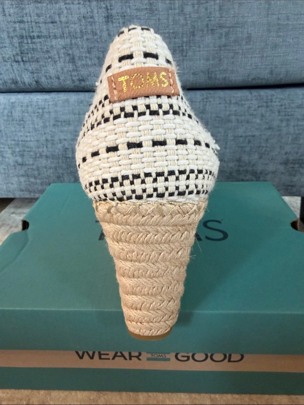 TOMS Michelle Cream and Black Woven Espadrille Wedge Peep Toe